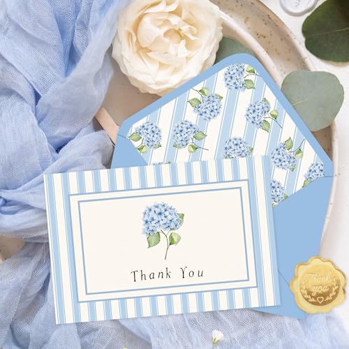 JarThenaAMCS 50 Pack Hydrangea Thank You Cards White Blue Floral Stripe Greeting Cards with Envelopes Stickers Blank Note Card for Wedding Bridal Baby Shower Birthday Party, 4 x 6 Inch
