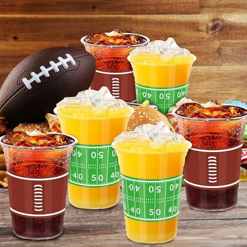 Heartome 100 PCS Football Plastic Cups, 16 OZ Plastic Cups, Brown Green Accessories Bulk, Disposable Cold Hot Drink Container for Football Party Supplies Touchdown Birthday Party Decorations, Decor
