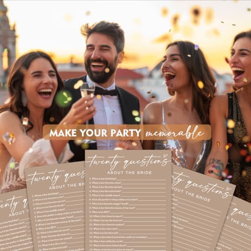 Bridal Shower Games Cards, Twenty Questions about The Bride, Engagement Party Wedding Games for 25 Guests, Minimalist Brown Wedding Party Supplies