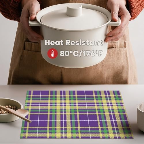 Artoid Mode Purple Striped Check Mardi Gras Vinyl Placemats Set of 4,Heat Resistant Non-Slip Woven Plastic PVC Place Mat for Party Kitchen Dining Decor
