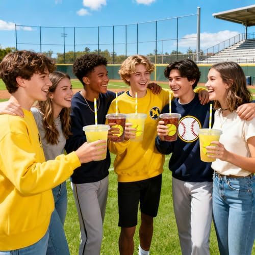 Whaline 50Pcs 12Oz Softball Disposable Plastic Cups with Lids and Straws Cute Softball Cold Beverage Drinking Cups for Sports Theme Birthday Party Supplies
