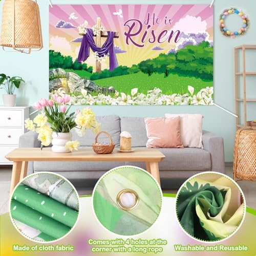 Large He is Risen Easter Banner Decorations Flag Outdoor 72x44 Inch, Cross Sign Christian Jesus Lily Flowers Banner for Indoor Home House Decor Party Supplies, Spring Yard Sign Background for Photography