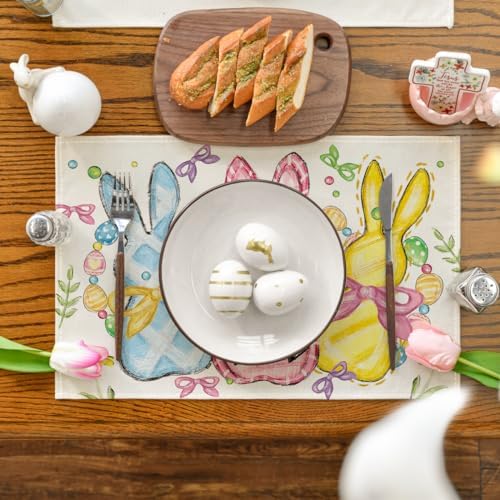 Artoid Mode Bunny Rabbits Eggs Easter Placemats Set of 6, 12x18 Inch Floral Bow Seasonal Spring Holiday Table Mats for Party Kitchen Dining Decoration