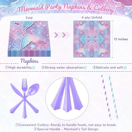 195Pcs Mermaid Birthday Party Decorations, Mermaid Tableware Party Supplies