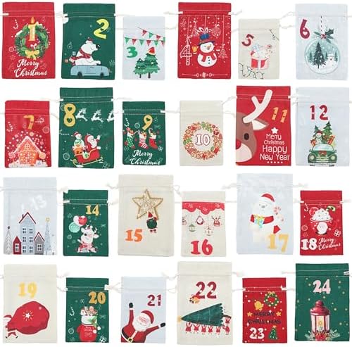 24 Pieces Christmas Burlap Gift Bags with Drawstrings Xmas goodie Bags Bulk for Winter Holiday Party Favor (Christmas Burlap Treat Bags 2025)