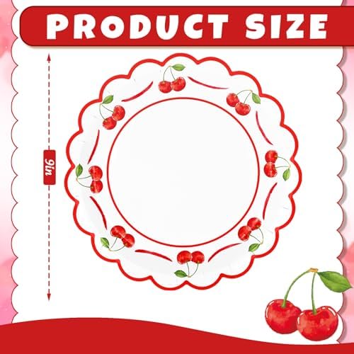 JarThenaAMCS 50 Pcs Cherry Paper Plates Scalloped Disposable Plate Red Decorative Tableware for Holiday Party Decor Supplies, 9 In