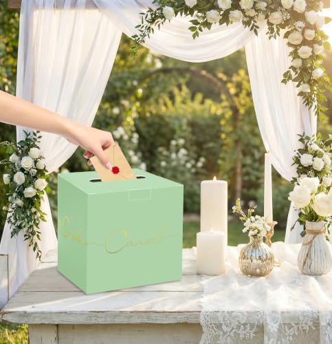 HEIPINIUYE Sage Green Wedding Card Box with Gold Foil 9.8" x 9.8" Green Large Gift Card Box for Party Wedding Reception Graduation Birthday Baby Shower Cardboard Raffle Envelope Box with Slot