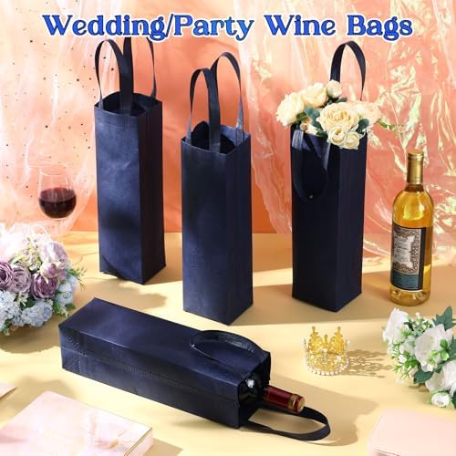 Windyun 200 Pcs Wine Gift Bags with Handle Reusable Small 13.8x3.5x3.9 Inches Liquor Bottle Totes Bulk for Birthday Wedding Christmas Holiday Party (Navy Blue)
