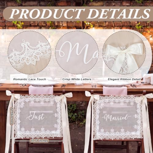 Breling 2 Pcs Lace Wedding Chair Sign Back Banner, White, Just Married4