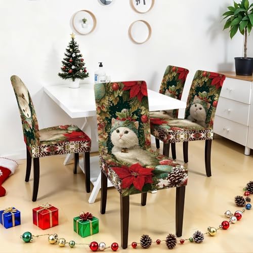 Christmas Chair Covers Set of 4, Cute Cat Dining Chair Slipcovers with Poinsettia, Pinecones, and Ornaments, Stretchable Holiday Chair Protectors