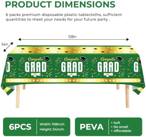 6 Pack Disposable Plastic Tablecloth 54" x 108" Green Class of 2026 Grad Party Table Cloths Disposable for 6 to 8 Foot Tables Graduation Party Indoor or Outdoor (Graduation Green)