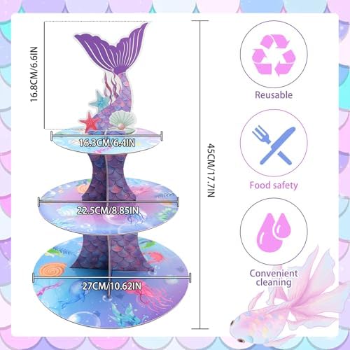 Mermaid Decor Cupcake Stand - 3 Tier Cupcake Tower Decorations Dessert Holder for Table Display Little Mermaid Birthday Party Decor