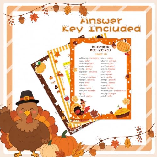 LOAVER 54 Pcs Thanksgiving Trivia Party Game Cards, Double-Sided Word Scramble Search Picture Hunt Activity Cards for Thanksgiving Family Gathering Fall Holiday Party Games Harvest Activities