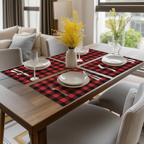 Artoid Mode Buffalo Plaid Vinyl Placemats Set of 4, 12x18 Inch Washable Non-Slip Heat Resistant Plastic Place Mats for Party Dining Table, Black/Red