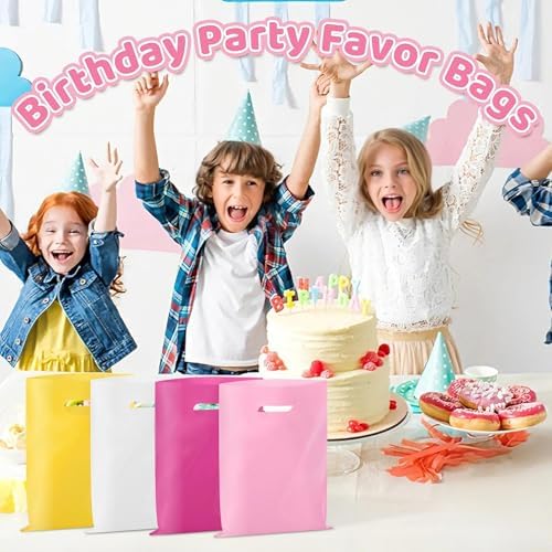 VieFantaisie 50 PCS Pink Party Favor Bags, 8" x 11" Goodie Bags for Candy Treat Craft Easter Egg, Plastic Gift Bag with Die Cut Handles for Birthday Party, School Events & Small Business, Wedding