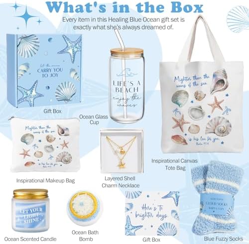 Gifts for Women, 8pcs Ocean Happy Birthday Gifts for Women, Christmas Ideas Inspirational Get Well Soon Gift Baskets Mothers Day Box w/Seashell Tote Bag for Her Mom Sister Friend Friendship