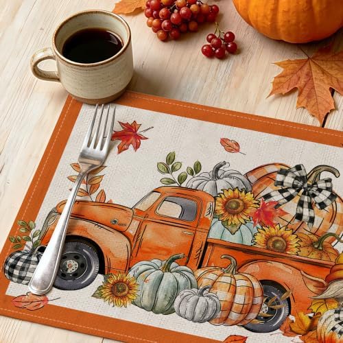 Fall Placemats Set of 4, 12x18 inch - Orange Truck Thanksgiving Table Decor