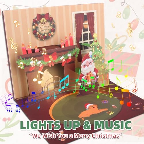 XTF2015 Christmas Card 3D Pop Up Christmas Greeting Cards with Music, Lighting LED Greeting Gift Card Fireplace with Envelope for Women Men Kids Husband Wife Mom Dad Daughter