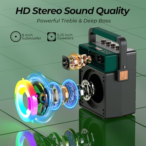 JYX 200W Retro Karaoke Machine with 2 Wireless Mics, 8" Woofer & Vocal Cut