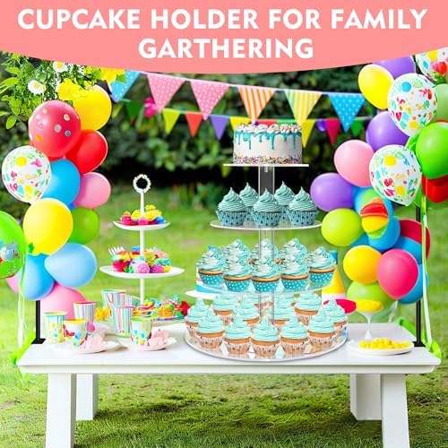 YestBuy 4 Tier Round Acrylic Cupcake Stand with Base, Premium Cupcake Holder, Acrylic Cupcake Tower Display Cady Bar Party Décor – Display for Pastry (4" Between 2 Layers)