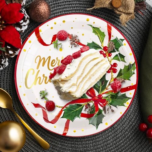 FYSUIMU Christmas Paper Plates Party Plates Xmas Gold Foil Holly Ribbon Disposable Dinner Plate for Winter Holiday New Year Party Tableware Supplies, 40 Pcs