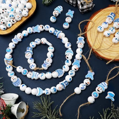 Cinnvoice 240 Pcs Holiday Wood Beads with Twine,Snowman