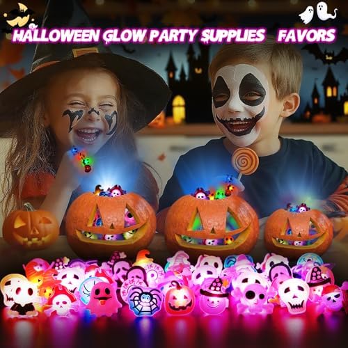 Tiaxidex 65PCS Halloween Light Up LED Rings, Non Candy Trick or Treats 3D Flashing Rings Toys Glow In the Dark Halloween Party Favor Ring Toy Gifts For Kids Adults Goodie Bag Stuffers