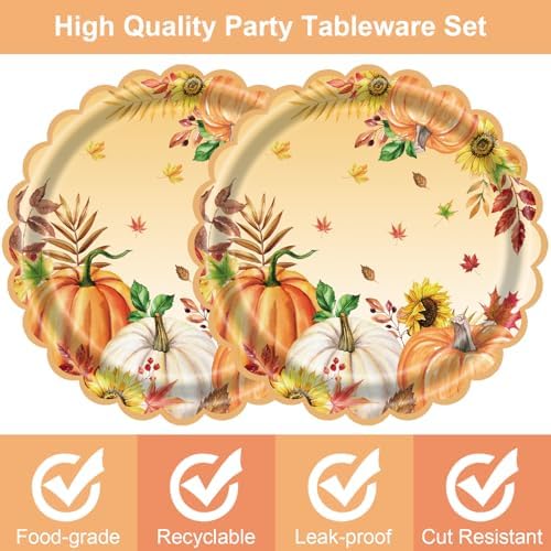 7 Inch Fall Paper Plates Disposable 40 Count Thanksgiving Pumpkin Party Plates, Heavy Duty Scalloped Dessert Plates for Autumn Party Supplies & Holiday Dinner Decorations