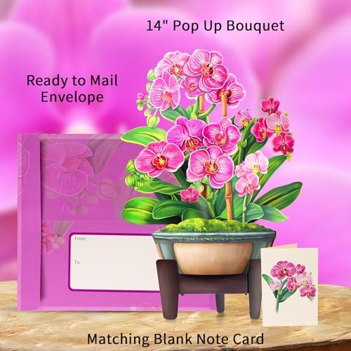 Airpark Pop Up Flower Bouquet Card for Women, 3D Floral Greeting Card with Envelope and Note, Birthday Thank You Thinking of You Get Well Gift for Mom Friend Wife Teacher, Orchid