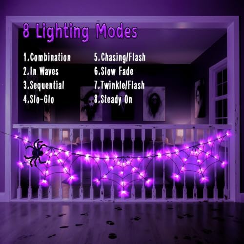 Halloween Decorations Spider Web Lights 6FT 60LED Battery Operated/USB Powered with Black Spider with Timer 8 Modes Indoor Outdoor for Halloween Decor, Purple