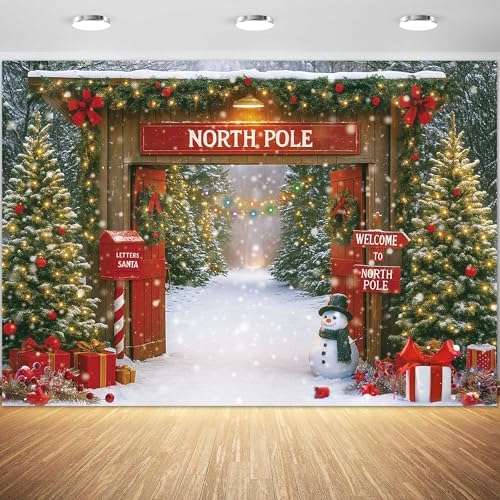 Christmas Photography Backdrop 12x8ft – Rustic Snowy Forest Barn Door with Xmas Tree, North Pole Winter Scene Fabric Photo Background for Family Party, Baby Holiday Photos