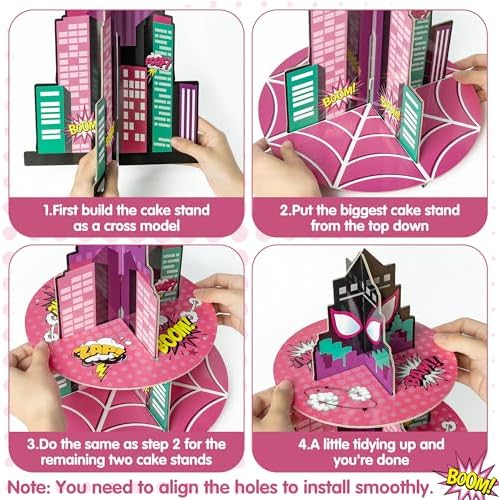 Pink Spider Cupcake Stand - 3 Tier Pink Spider Party Dessert Holder Spiders Theme Cardboard Cake Stand for Birthday Party Decorations Cupcake Display for Kids Birthday Party Supplies
