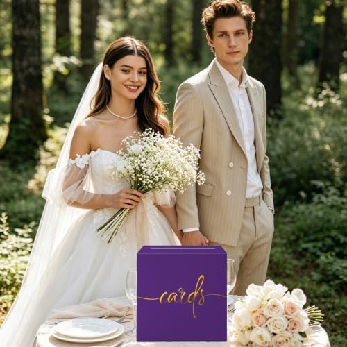 Purple Card Box with Gold Foil Design, Paperboard 8.7" Gift Card Holder for Wedding Graduation Birthday Party Reception Retirement Anniversary Bridal & Baby Shower