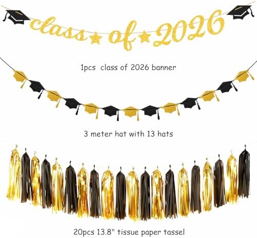 Black Gold Graduation Party-Decorations Garland - 36pcs Congrats Grad Class 2026 Banner,Hat Hanging Streamers,College High School Congratulations Master Celebration Classroom Backdrop Decor Burgleda
