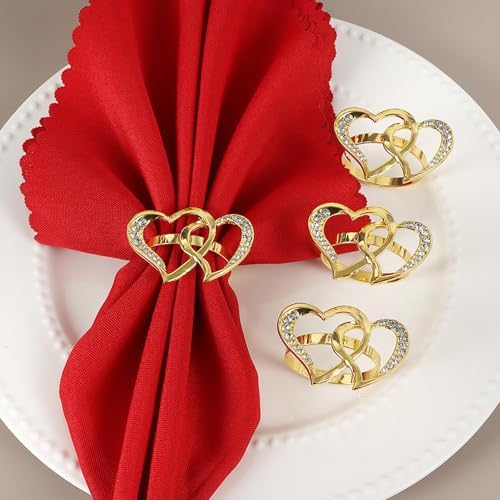 Gold Love Heart Napkin Rings Set of 6, Metal Valentine's Day Napkin Holders, Valentine's Day Decors Mother's Day Wedding Dinner Home Table Decorations Party Supplies