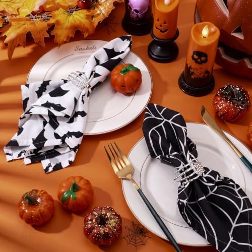 Qinyoung 8 Sets Halloween Cloth Napkins and Skeleton Claw Napkins Rings