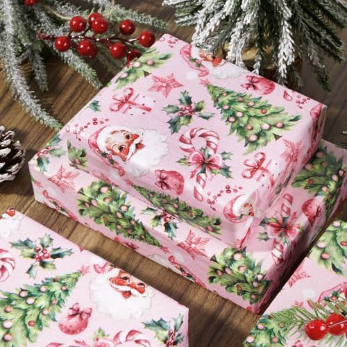 JarThenaAMCS 60 Sheets Christmas Tissue Paper Pink Santa Art Tissue Xmas Tree Candy Cane Gift Wrapping Paper for DIY Arts Crafts Xmas Holiday Birthday Party, 14 x 20 Inch