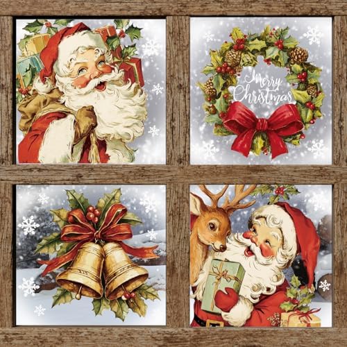 Whaline 4 Sheets Large Christmas Window Clings Santa Reindeer Holly Berry Bell Window Stickers Double-Sided Glass Decals for Winter Xmas Home Classroom Office Party Decoration