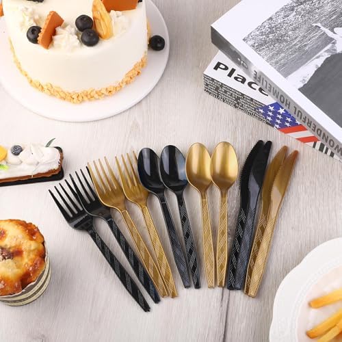 Kochorie 360 Pieces Black and Gold Plastic Cutlery Set