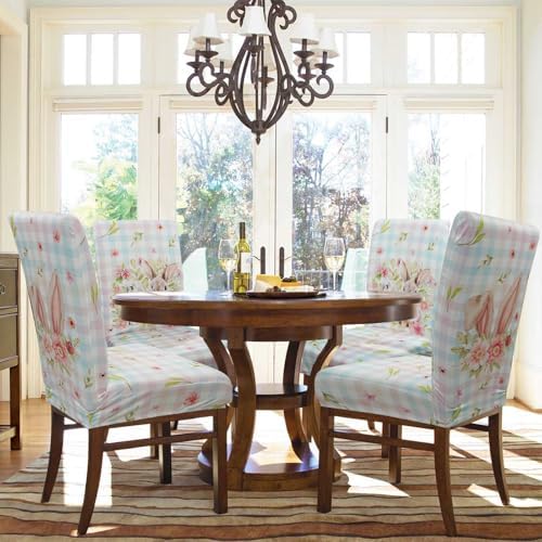 Easter Chair Covers Set of 4 Spring Bunny Colorful Buffalo Plaid Slipcovers