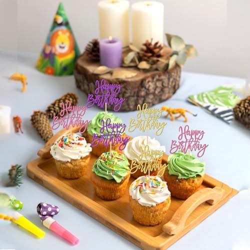 24 PCS Happy Birthday Cupcake Toppers Glitter Happy Birthday Cupcake Picks for Celebrating Anniversary Theme Party Cake Decorations Supplies Gold Purple Pink