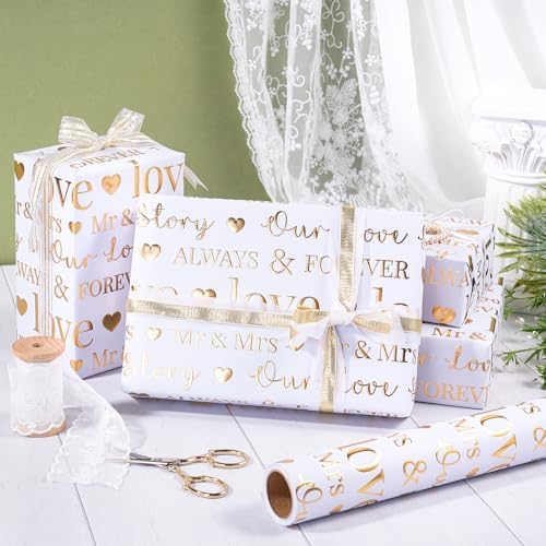 RUSPEPA Wedding Wrapping Paper Large Roll, Jumbo Roll, White and Gold Foil Love & Mr & Mrs Design, Romantic Gift Wrap for Wedding, Bridal Shower, Anniversary, Engagement, 30 Inches x 16.4 Feet