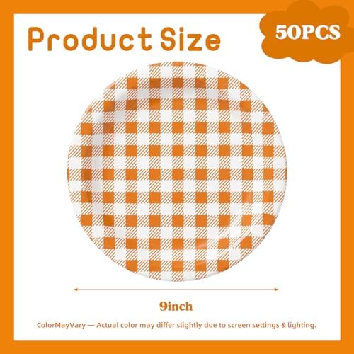 Vyntra 50 Pcs Orange Gingham 9 Inch Round Paper Dinner Plates
