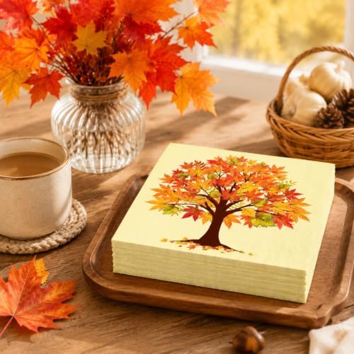 Konsait Fall Napkins - 50 Pack Maple Tree Fall Luncheon Paper Napkins, Disposable Autumn Napkins for Harvest Party Holiday & More, 6.5 x 6.5 Inches, 2-Ply