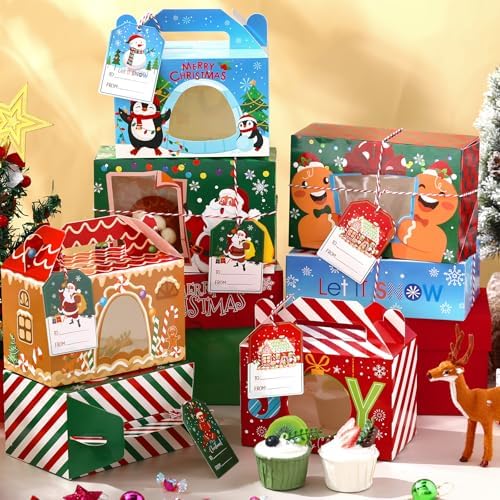 Cinnvoice 24 Pcs Christmas Cookie Boxes with Window Tags Strings,Joy