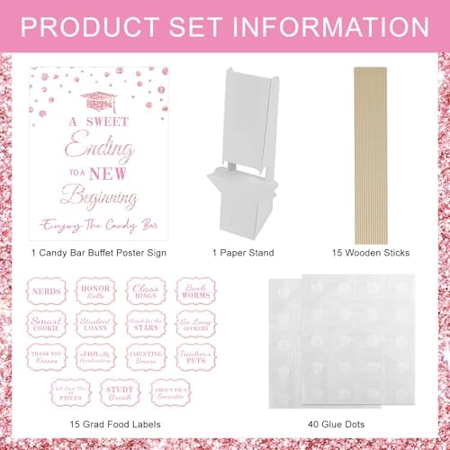 Graduation Candy Buffet Labels for Grad Party Decorations, Graduation Candy Bar Dessert Food Label Signs Set, Class of 2026 Grad Parties Table Decor Supplies (Pink)