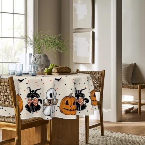 Horaldaily Halloween Tablecloth 70 x 70 Inch Round Jack-O-Lantern Ghost Cat