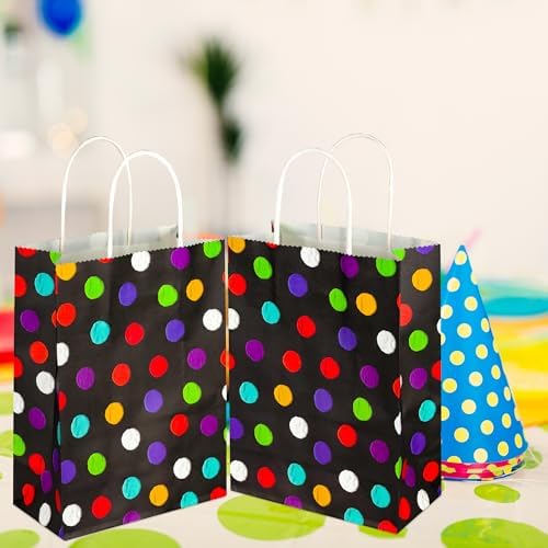 BLEWINDZ 32Pcs Small Gift Bags with Tissue - Polka Dot Black Party Gift Bags with Handles, Colorful Rainbow Paper Goodie Bag for Party Favors, Kids Birthday