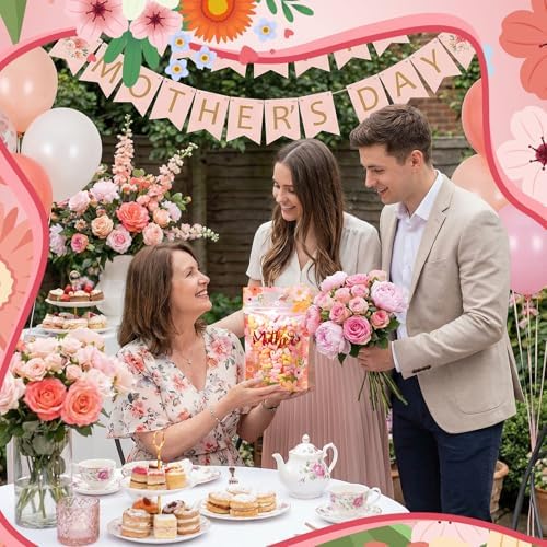 Engrowtic 100 Pcs Mother's Day Plastic Gift Bags with Handles Resealable Pink Flower Mom Candy Treat Goodie Cookie Bags for Happy Mothers Day Party Favor Wrapping Supplies