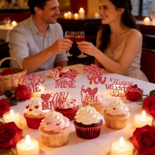 24Pcs Valentine's Day Cupcake Toppers, Glitter Word Heart Cake Decorations
